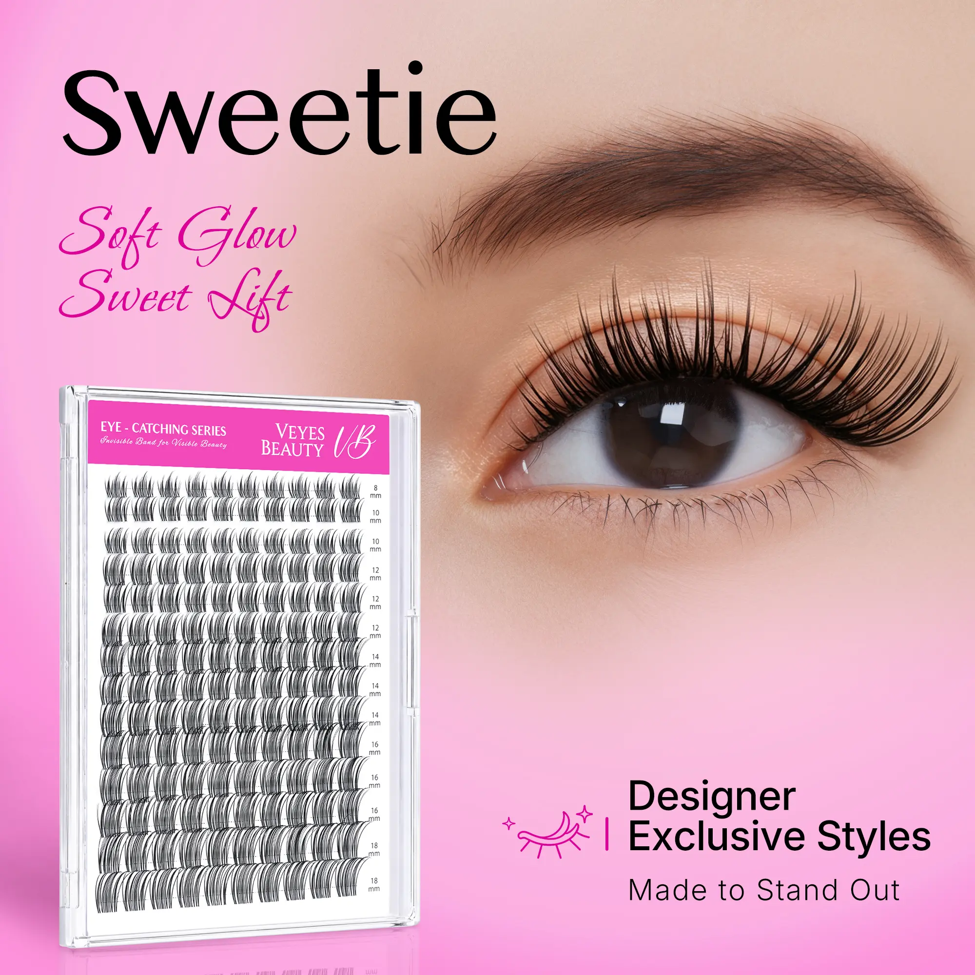 VEYESBEAUTY Sweetie Cosmetic Cluster Lashes Kit for Adults - Handcrafted Polybutylene Terephthalate Fiber, Natural & Spiky Dramatic Lashes, Ultra-Thin Invisible Band, Mixed Lengths, Included Adhesive for Time-Saving Wispy DIY Lengthening