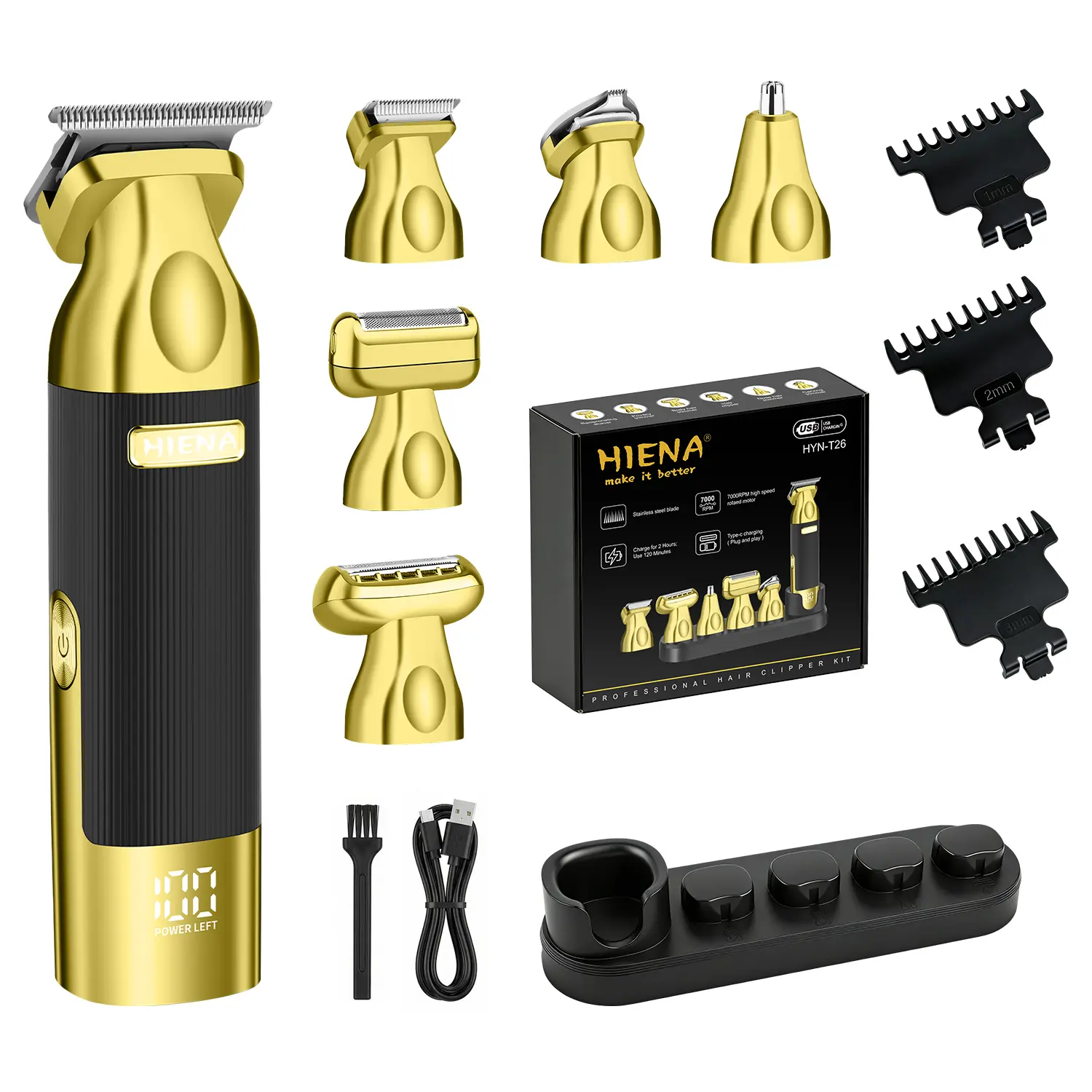 HIENA Series HYN-T26 Barber Trimmer Beard Cutting Kit, 8-Piece Multifunctional ABS & Stainless Steel Clipper Set with Self-Sharpening Metal Blades, 3-6-9-12 mm Length Settings for Face, Head (Batteries Included)