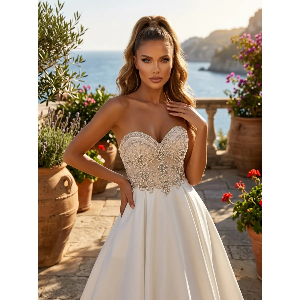 Lady's Elegant Soft Satin Wedding Dress - Strapless Sleeveless, Beaded Sweetheart Neck, A-Line Skirt, Lace-Up Back, Ideal for Ball Events
