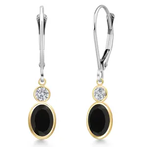 14K Two Tone Gold Black Onyx and Lab Grown Diamond Dangle Earrings for Women | 1.62 Cttw | Gemstone December Birthstone | Oval 7X5MM