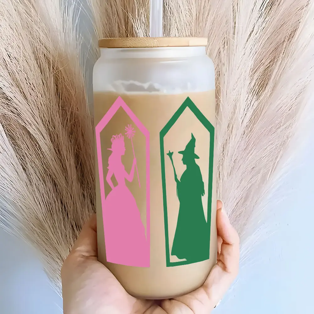 Princess & Witch (Wicked Themed) 16oz Glass Can Cup with Lid and Straw, Hydration Tumbler, Tumbler, Reusable Glass Drinking Cup, for Iced Coffee, Hot Chocolate, Drinkware, Gift for Wicked Musical Fans & Fantasy Theme Enthusiasts