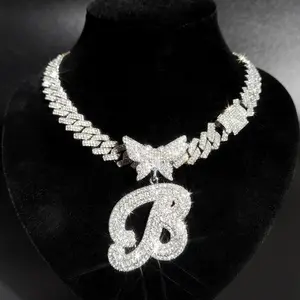 Iced Out Bling Butterfly Letter Pendant Necklace For Women AAA Rhinestone Paved Prong Cuban Chain Initial Necklaces Punk Jewelry