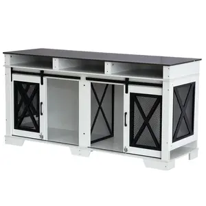 71" Double Dog Crate Furniture with Sliding Doors, Heavy Duty Wood & Metal Dog Cage with Divider, Large Dog Kennel Dual Compartment Indoor Crate TV Stand for Large Dogs