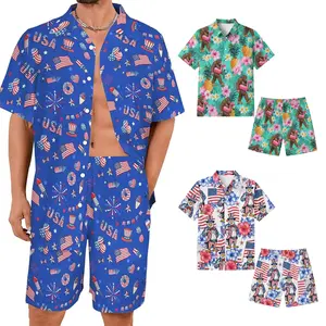 Men’s Sci-Fi Retro Geometric Hawaiian Shirt and Shorts Set, Funny Patriotic USA Independence Day Beach Outfit, Cosmic Graphic Print Vacation Summer Casual Two Piece Suit XS-5XL