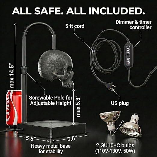 Skull Candle Warmer Lamp with Timer & Dimmable Light Adjustable Height Gothic Aromatherapy Melting Lamp for Bedroom Decor Candles Not Included