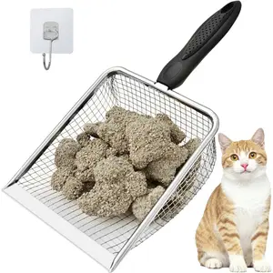 Widened Metal Cat Litter Scoop, Cat Scooper for Litter Box, Stainless Steel Pellet Kitty Litter Scoop, Cat Litter Scooper with Sticky Hang Hook for Easy Storage, Quickly Filter Litter Lumps(6mm Mesh)