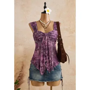 ICON Vintage Print Asymmetrical Hem Mesh Trim Women Tank Top, Summer Top Women