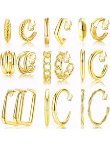 Retro 9 Pairs Golden Clip on Hoop Earrings Alloy Earrings for Women Men Chunky Hoop Earrings Set Clip-on Earrings Non Pierced Earrings Fake Earrings