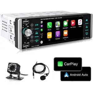 Single Din Car Stereo Compatible with  Carplay Android Auto,  5.1 Inch Bluetooth Car Stereo with Backup Camera, Touch Screen Car Radio Support FM/Mirror Link/SWC/USB/DVR/AUX-in