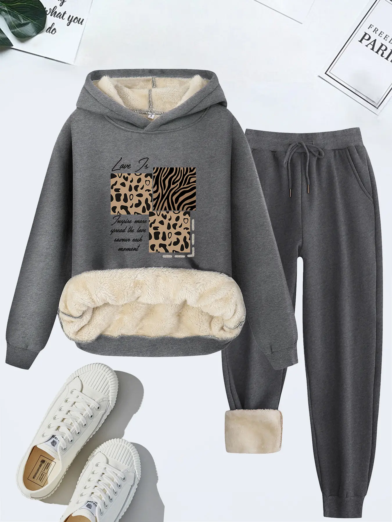 2 Piece Set, Trendy Hooded Sweatshirt and Pants, Letter and Leopard Print Design, Thick Fleece Women's Tracksuit for Fall & Winter, Streetwear Tracksuit Set