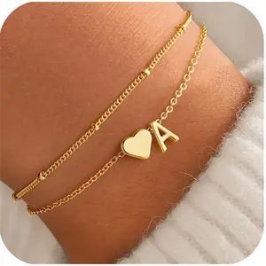 Easter Basket Stuffers Gifts for Kids Teens Girls - Initial Bracelet Dainty Heart Initial Letter A-Z Bracelets for Women, Layered Link Charm Bracelets Easter Gifts for Women