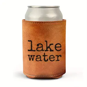 Funny Premium Faux Leather Can Cooler Lake Design, Ideal Gift for Men & Fishermen, Perfect Present for Dad Who Loves Fishing