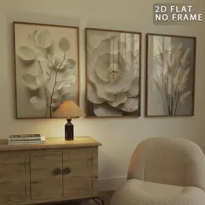 [Unframed] 3pcs 2D Flat 3D-Effect Floral Canvas Wall Art, Artwork for Walls, Neutral Beige Botanical Prints, Modern Boho Flower Poster with Visual Texture, Minimalist Cream Style Room Decor (No Frame, Not Real Carving)
