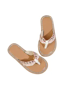 Girls' Vacation Style Sparkly Sandals, Rhinestone Trim Woven Design, Soft Sole Non-Slip Easy Wear, Summer Commuter Casual Slippers