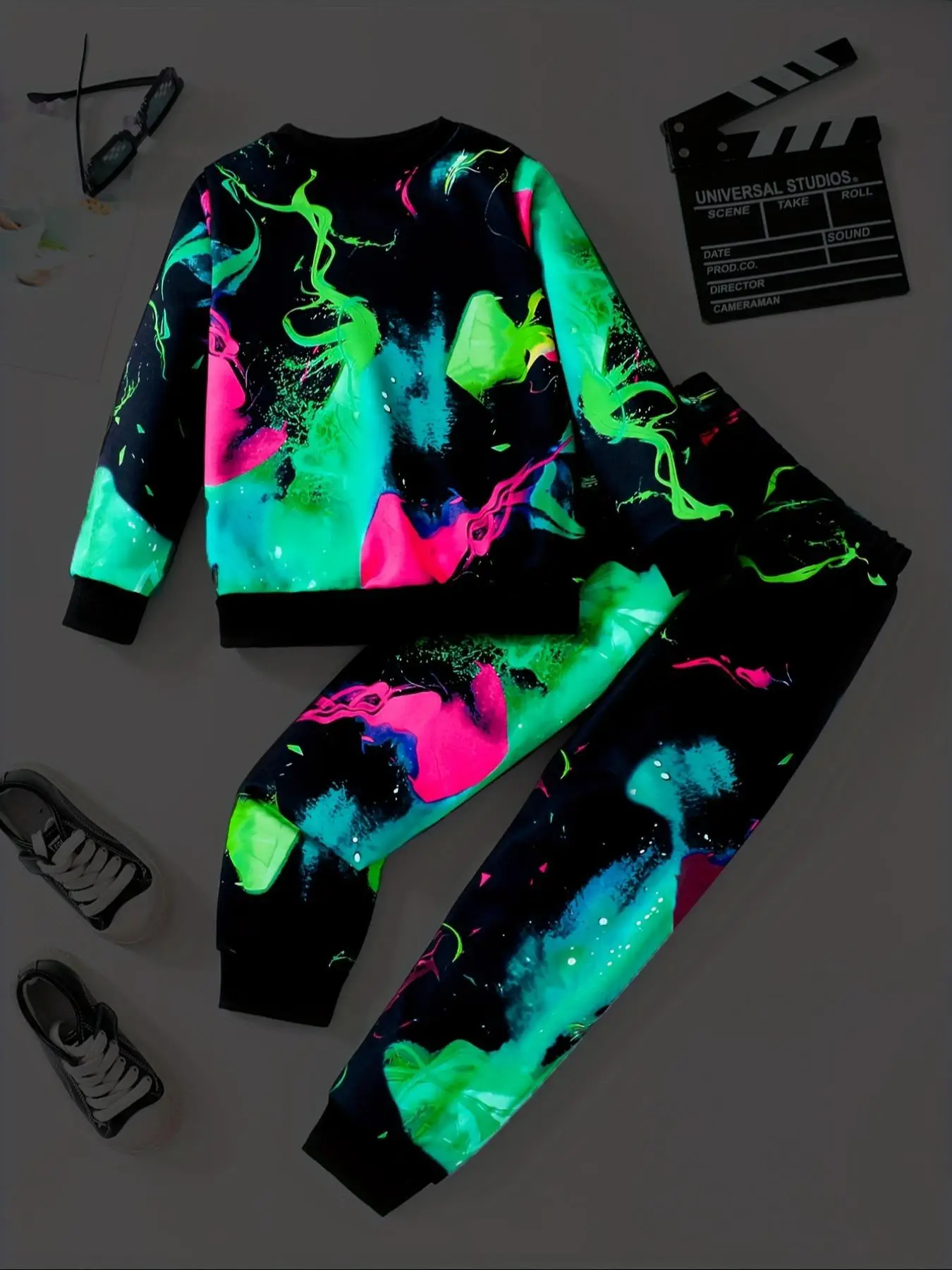 Two-Piece Set Boy's Glow In The Dark All Over Print Sweatshirt & Elastic Waist Sweatpants Set, Casual Round Neck Long Sleeve Pullover & Jogger Pants f