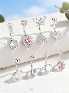 Sexy Glamorous Butterfly & Heart Shaped Cubic Zirconia Navel Rings Set, Stainless Steel Belly Button Rings for Women, Intimate Piercing Jewelry for Party, Body Jewelry