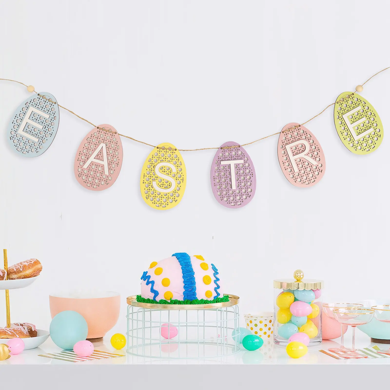 Happy Easter Banner Decor, Wooden Rustic Openwork Easter Egg Decoration for Farmhouse Home Wall Mantel Fireplace