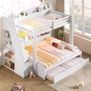 Twin Over Full Bunk Bed Frame with Storage Staircase and Trundle,Storage Shelves, LED Lights and USB Charging Station, for Bedroom Use (White, Twin Over Full)