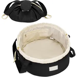 Bucket Drawstring Cosmetic Bag Large Cosmetic Bag Cosmetic Bag for Women and Girls Cosmetics Organizer Travel Toiletries Accessories Essentials (Black) (Patent)