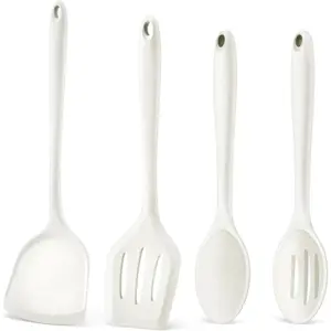 Kitchen Utensil Set, 4 Pieces Non-stick Silicone Cooking Utensils, Heat-resistant Slotted Solid Spoon Turner for Frying, Mixing, Serving, Non-toxic & Easy to Clean, White