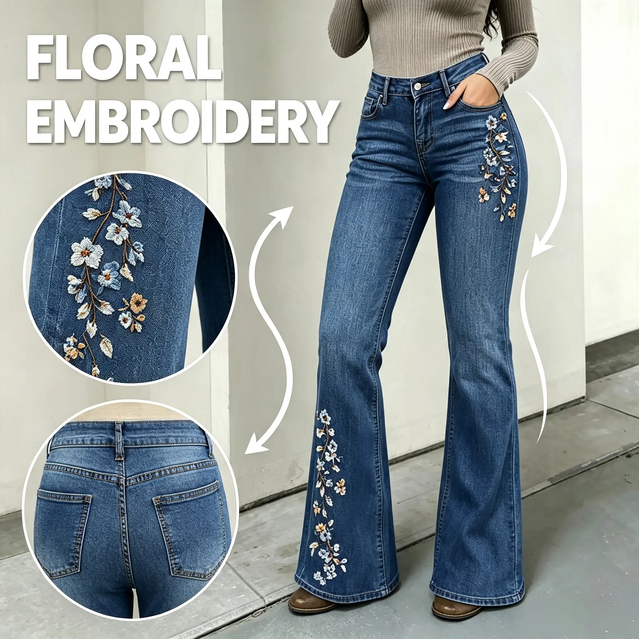 Women’s high-waisted slightly stretchy flared jeans, retro slim-fit long pants with a spicy vibe, featuring multicolored floral embroidery on the pant legs, classic vintage blue flared pants, tight-fitting, figure-flattering women’s casual streetwear for