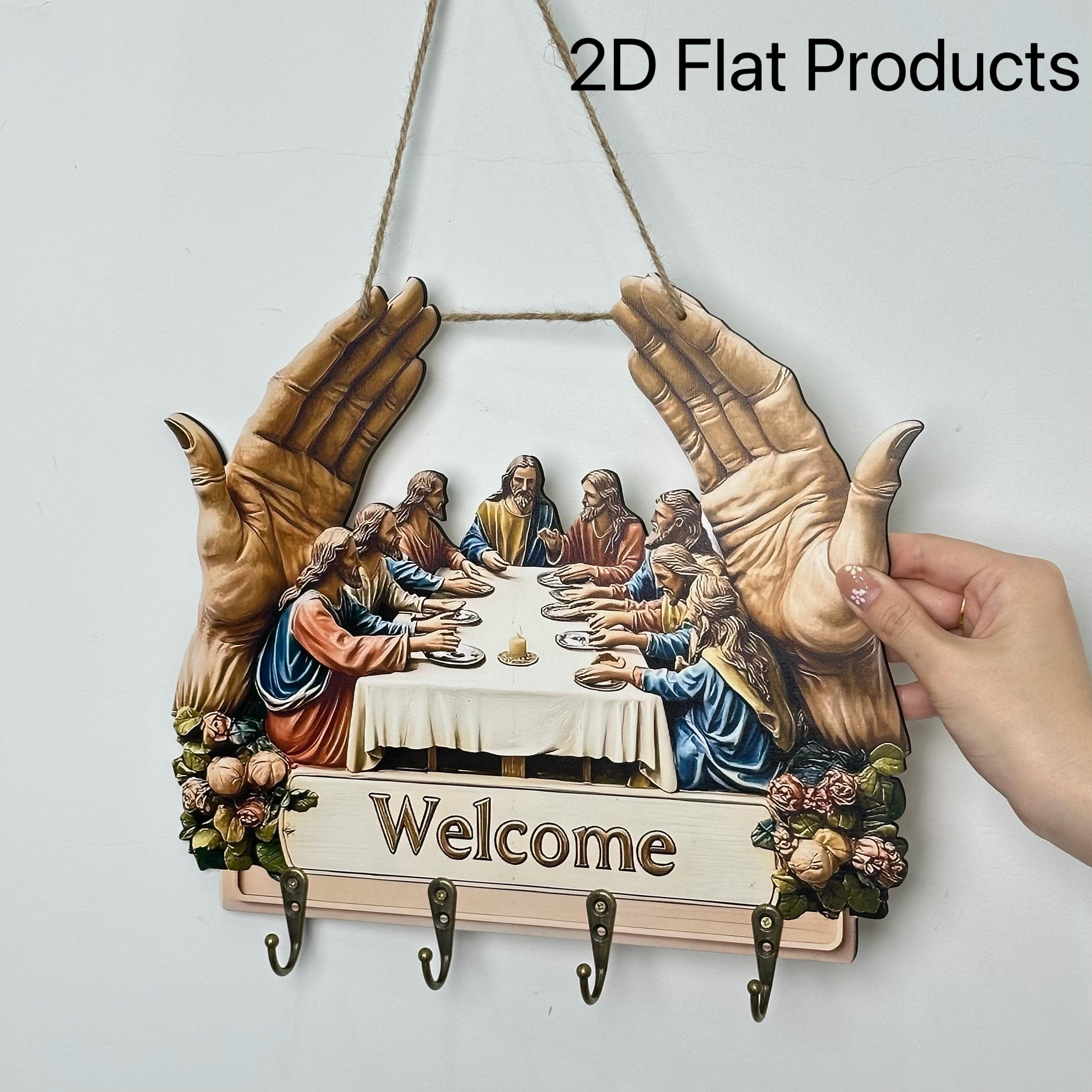 Flat Jesus and Disciples Wall Art Keychain 1 Piece Pack, Exquisite Religious Design with Four Metal Hooks, 10.4"x11.8" Artificial Wood & Metal Frame, Porch Welcome Sign, Farmhouse Style Seasonal Home Decor, Intricate Craftsmanship,Mother's Day  gift