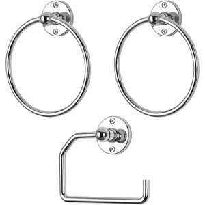 3-piece towel ring and toilet paper holder set, wall-mounted, bathroom hardware set, modern style round towel rack, bathroom accessories, towel bar, silver