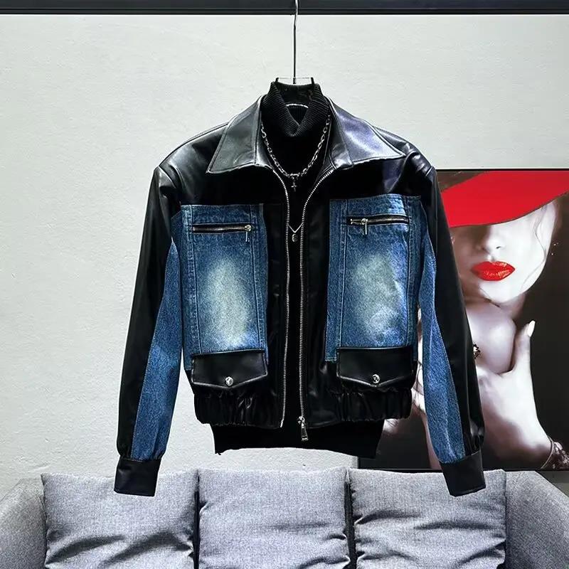 2026 Menswear Faux Leather Jacket - Men's New Stylish, Versatile, Edgy Color-Block Moto Jacket with Lapel Collar, Zip-Up Front, Ideal for Autumn, Winter plain style