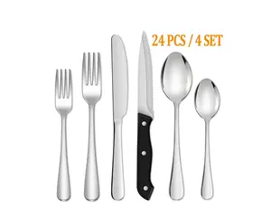 24 Piece Silverware Set with Steak Knives, Stainless Steel Flatware Set, Cutlery Set Service for 4, Mirror Polished Utensils Set, Forks and Spoons Silverware Set, Dishwasher Safe