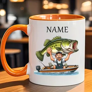 1pc Customizable Ceramic Mug with Happy Fishing Design Personalized Name Option Machine Washable Comfortable Grip Ideal Gift for Father'S Day Graduation Back-to-School Thanksgiving Christmas