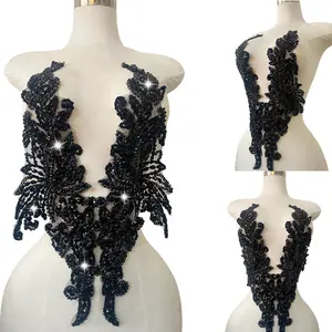 Handsewing Rhinestones Applique Multicolor Patch DIY Craft Accessories for Girl Wedding Dress 14X20inches (Black)