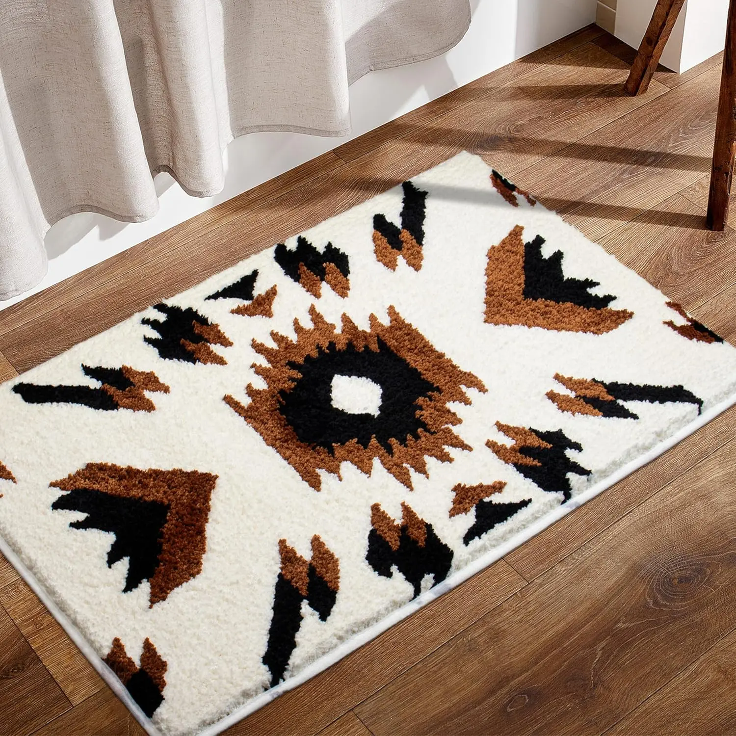 Beige Boho Print Bath Mat - 16x24 in Non-Slip Water Absorbent Farmhouse Aztec Western Rug for Small Bathroom, Machine Washable, Water Absorbent Mat, Boho Print Bath Mats