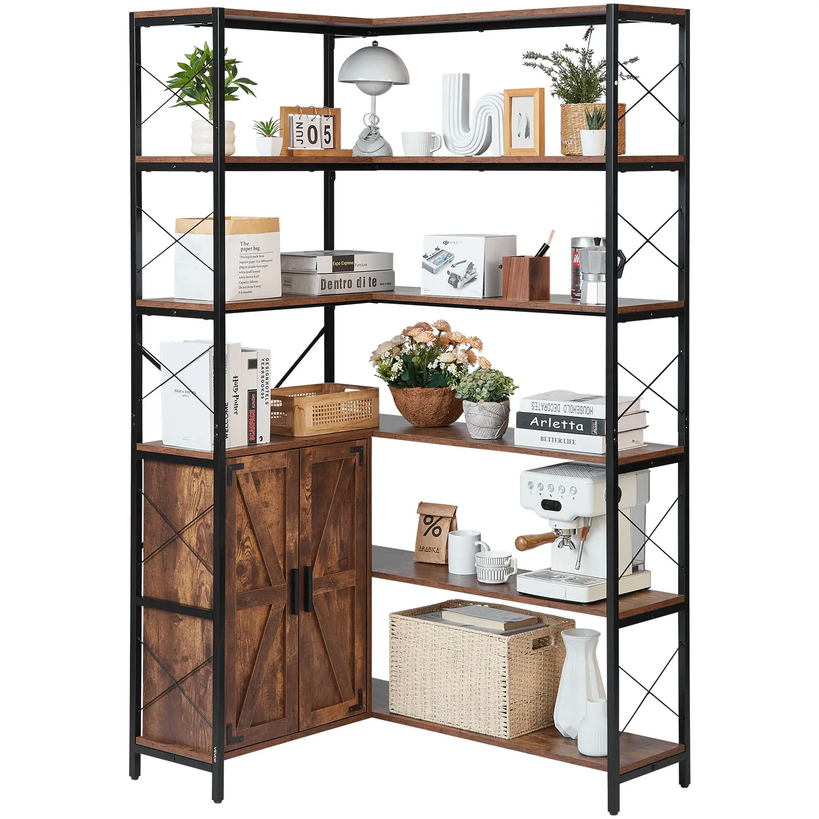 VEVOR 6 Tier Corner Bookshelf, 70" Tall Corner Bookcase with Storage Cabinet, 2 Barn Doors & 10 Storage Shelves, Farmhouse L Shaped Corner Display Shelf for Bedroom, Living Room, Office#BacktoSchool