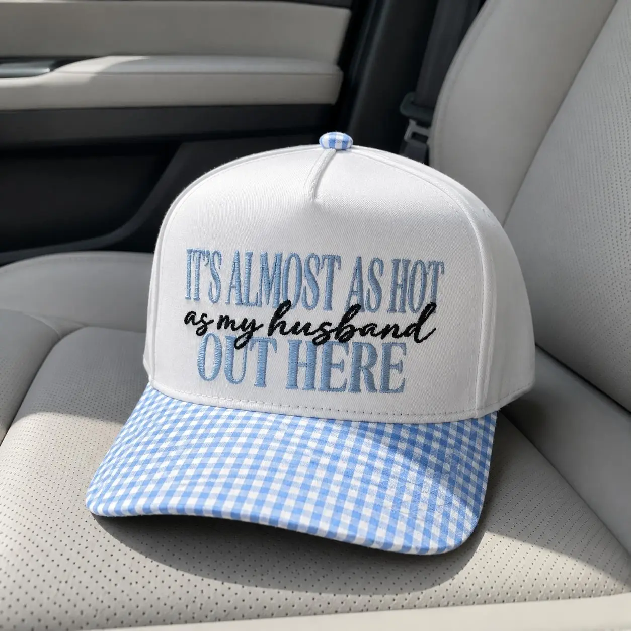 Update Version It's Almost As Hot As My Husband Out Here Embroidered Baseball Cap, Funny Wife Summer Hat, Cream Beach Brim Dad Hat, Cute Vacation Cap for Women, Shell Palm Print Brim, Coastal Cowgirl Gift for Wife, Lake Day Boat Hat, Summer Outfit