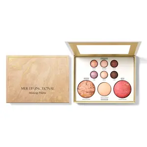 Holiday Baked Starter Kit — Full Face Makeup Palette, Gilded All-in-One Makeup Palette (Eyeshadow, Contour, Blush, Highlighter, Inner Corner Brightener), Multifunctional Cosmetic Palette, Multi-Purpose Makeup Brush Set Powder Daily