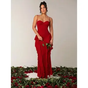 Women's Elegant Romantic Date Camisole Red Floral Ruffle Backless Slim Fit Suitable For Cocktail Party, Knitted Mesh Dress, Party, Wedding Bridesmaid, Maxi Dress, Great For Party, Festival And Valentine's Day, Women's Dress, Valentine's Day, Dress