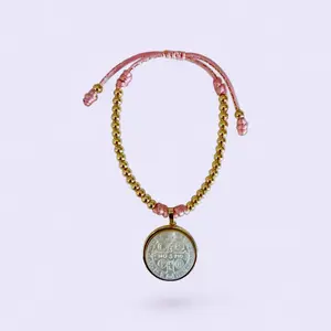 Medalla de San Benito Pink Bracelet with Gold Beads and Silver Medal Charm for Women