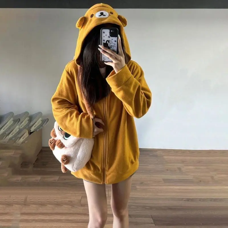 Rilakkuma Y2K Harajuku Streetwear Hooded Women Kawaii Sweet Cute Cartoon Print Zipper Sweater Soft Girl Jacket Pure Cotton Top