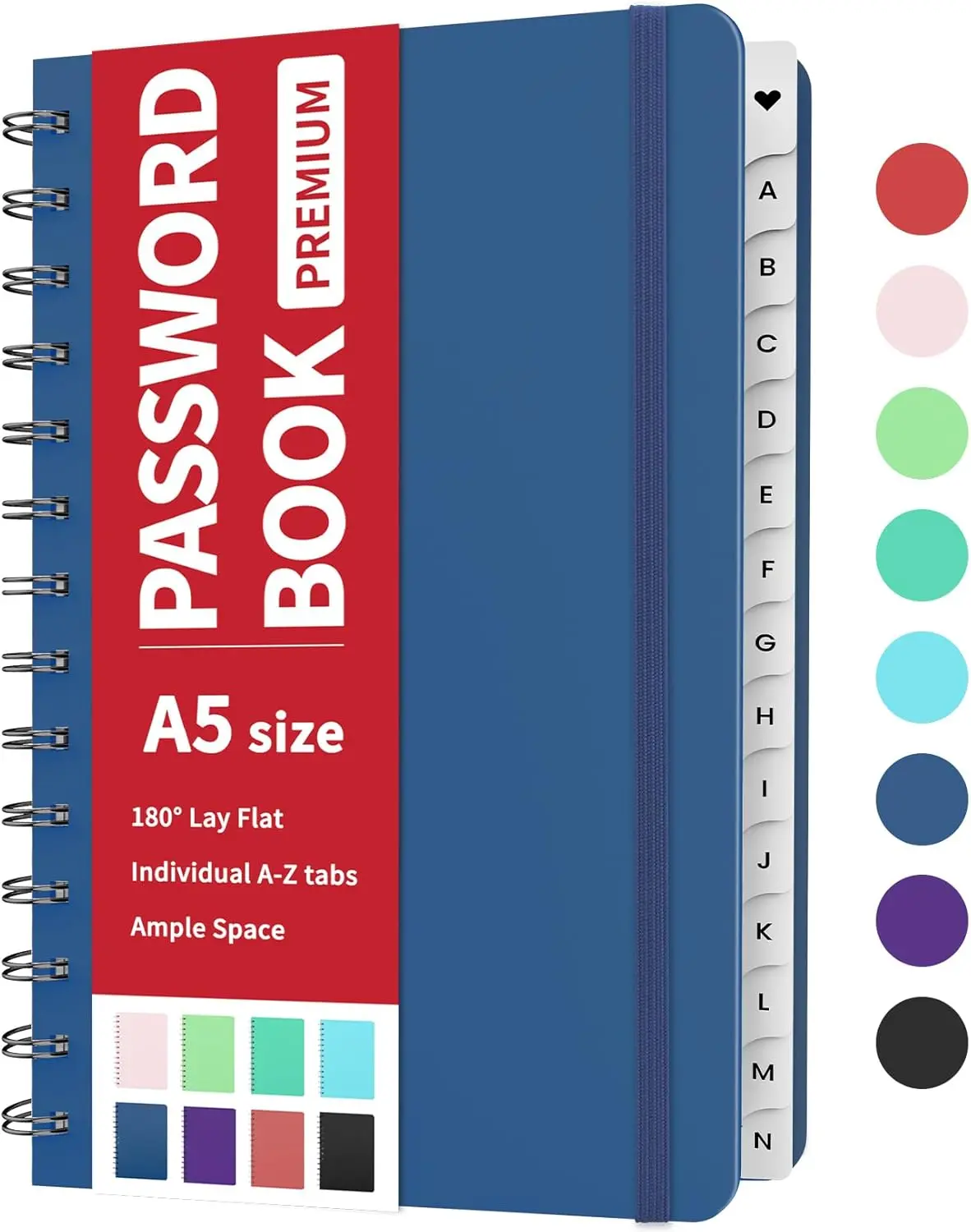 Password Book with Individual Alphabetical Tabs, 5.3"x7.6" Medium Size Password Notebook, Spiral Password Keeper Book for Senior, Cute Password Manager Logbook for  Office, Navy Blue