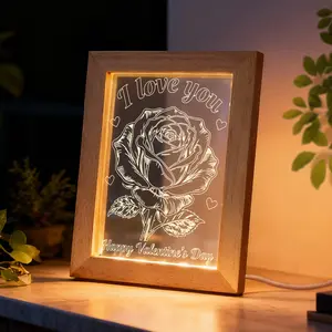 Valentine's Day Gift - LED Night Light Photo Frame with Romantic Rose & I Love You Sign, Warm Glow Bedside Lamp for Couples