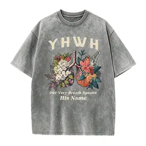 Vintage Washed 100% Cotton Short-Sleeve T-Shirt - YHWH Floral Butterfly & "Every Breath Speaks His Name" Print, Comfortable Loose Fit Casual Tee for All Seasons, T-shirt Stylish, Allseason Apparel, Artistic Print Shirt, Medium Stretch Fabric