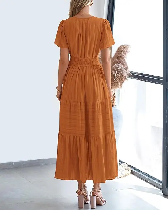 BTFBM Women's Summer 2026 Casual Maxi Dress Lightweight Short Sleeve V Neck Boho Dress with Pockets