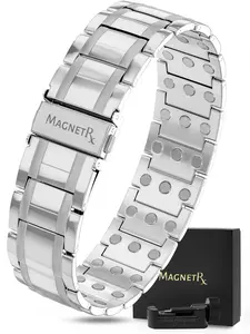 MagnetRX 3X Strength Titanium Magnetic Bracelet for Men (Silver ) - 57 Neodymium Magnets Fold-Over Clasp - Waterproof, Hypoallergenic, Sizing Tool & Gif Box