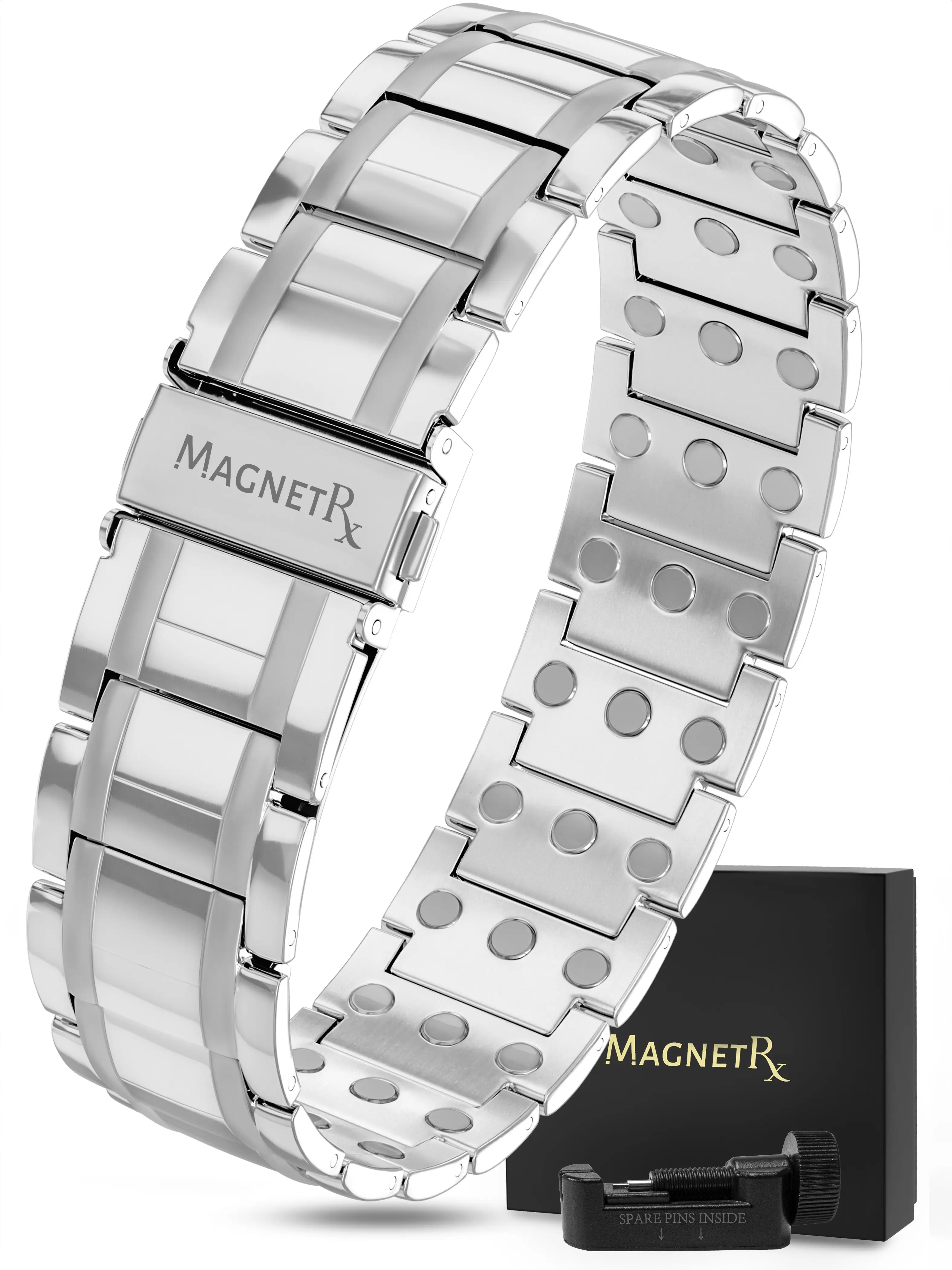 MagnetRX 3X Strength Titanium Magnetic Bracelet for Men (Silver ) - 57 Neodymium Magnets Fold-Over Clasp - Waterproof, Hypoallergenic, Sizing Tool & Gif Box