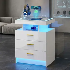 White Smart Nightstand, Tempered Glass Panel, Auto-Sensing 3-Color LED Light, Wireless Charging + 2 USB Ports, 3 Sliding Drawers & Open Shelf, High-Quality MDF, Modern Multipurpose for Home Bedroom Office