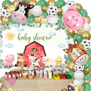 Sage Green Farm Animal Baby Shower Decorations - Farm Animals Balloon Garland Arch Kit With BackdropCow Donkey Pig Foil Balloons For Farmhouse Theme Pregnancy Celebration Newborn Party Supplies