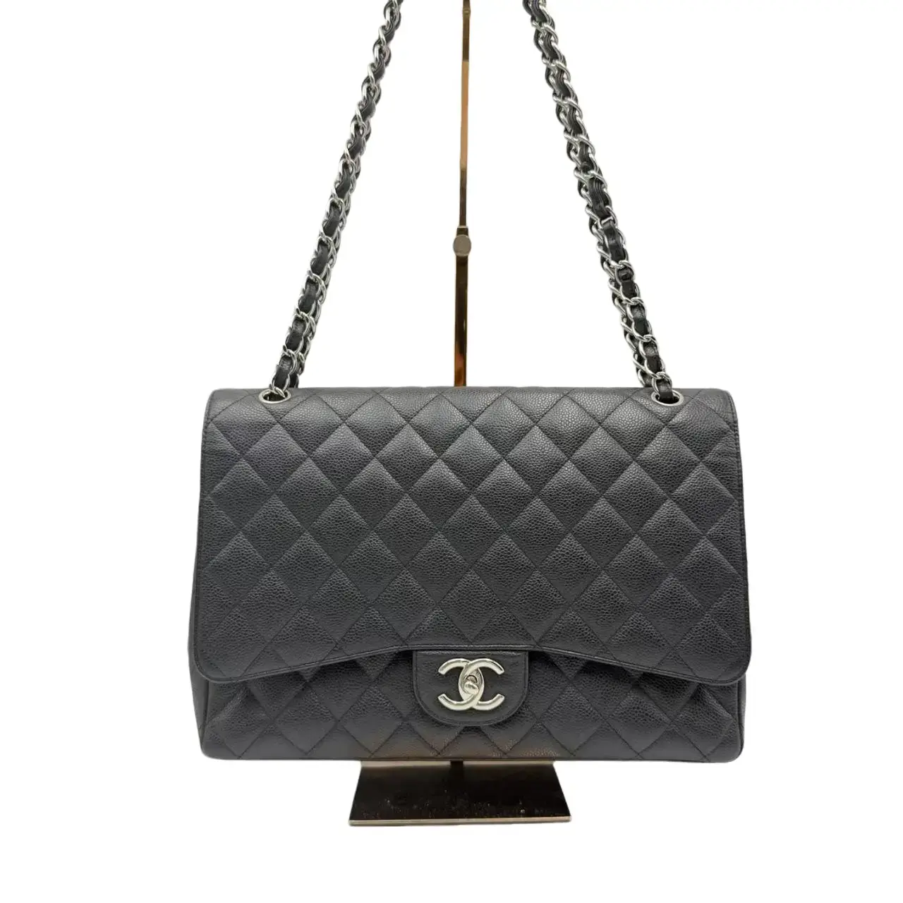 Pre-owned CHANEL HZ8 Classic Flap Bag, Max (Jumbo) – Double Flap (CF) – Black Caviar Leather with Silver Hardware 70801
