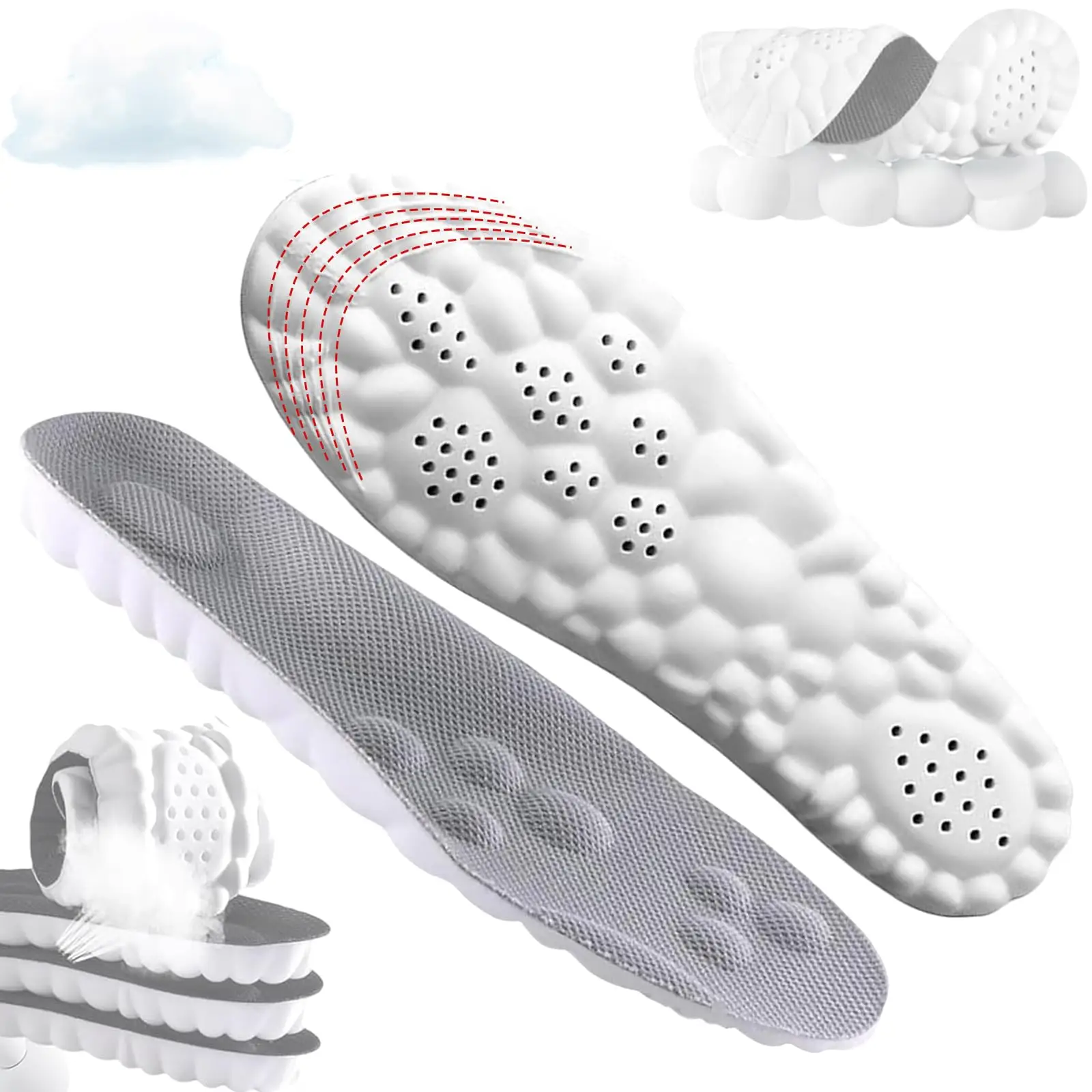 4D Cloud Tech Soles Insoles for Men Women, Super Soft Comfort Cloud Feeling Cushioning Insoles Memory Foam Arch Support Sole Inserts. (L Women 12-14.5