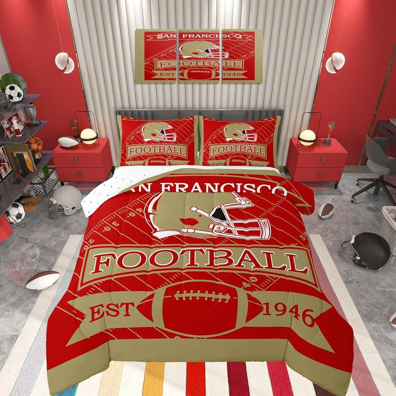 Kids Boys American Football San Francisco Bedding Set,Football Comforter Set,Boys Girls Bedroom Room Decor,Sports Games Football Comforter,Football Fans Bed Set,