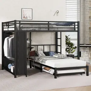 Queen over Twin Bunk Bed with Built-in Wardrobe Metal Bunk Bed with Trundle Foldable Desk Ladders Noise-reduced design Black Jewelry Armoire with 360° Rotating Feature & Lockable Mechanism